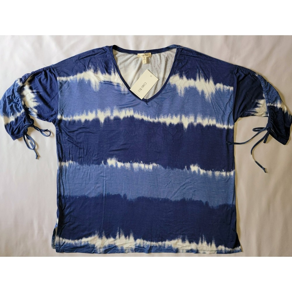 Como Blue Women Plus Size 1X Tye Dye 3/4 Sleeve Elbow Ties V Neck Knit Pullover